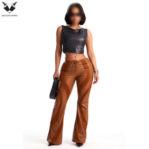 <span class=keywords><strong>Pantaloni</strong></span> da Donna Vintage in <span class=keywords><strong>Pelle</strong></span> PU Marrone Chiaro a Vita Alta con Pannelli Patchwork, Stile Western Sexy per Streetwear e Clubwear - Product Image 5