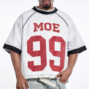 Maillot de football américain unisexe personnalisé en maille blanche, T-shirt streetwear oversize respirant à manches raglan, OEM, vente en gros, sur mesure, USA - Product Image 1