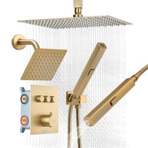 Sistema de Ducha de Lluvia Termostática de Techo de 12 Pulgadas, Kit de Válvula de Latón para Montaje en Pared de 6 Pulgadas, Rociador Manual 2 en 1, 3 Funciones - Product Image 1