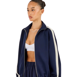 Womens Full <b>Zip</b> Stand Collar Tracksuit Set Contrast Stripe Wide Leg <b>Trousers</b> Drawstring Waist Two Piece Casual Streetwear Outfit - Product Image 3