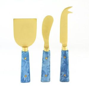 Juego de 3 Piezas de Cortador de Queso y Cuchillo para Mantequilla de Acero Inoxidable Dorado de Diseño, Mango de Resina Azul, Ecológico, Apto para Lavavajillas, para Pizza - Product Image 1