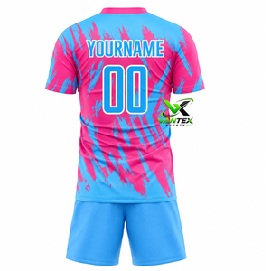 Maillot de football personnalisé Vantex Sports à séchage rapide, bleu rose imprimé, manches courtes, uniforme d'équipe, 100% polyester - Product Image 2