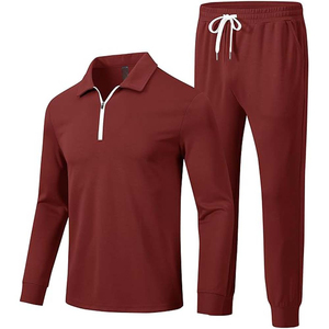 Ensemble de survêtement pour homme, couleur bordeaux, manches longues, demi-zip, avec pantalon à cordon de serrage, couleur unie, vêtements décontractés, saison d'automne - Product Image 1