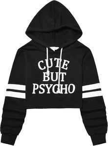 Sweat-shirt à capuche court noir pour femme avec imprimé lettres blanches, manches longues, style décontracté - Product Image 2