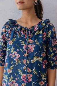 Vestido MIDI con Estampado Floral, Vestido Azul de Algodón con Mangas Abullonadas y Cuello con Volantes, Estilo Casual de Verano, Corte en A, Mini, Holgado - Product Image 6