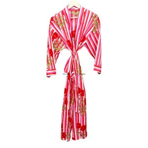 Robe kimono longue en coton rayé pour femme avec motif floral, col en V, manches longues, fermeture à ceinture, séchage rapide, tenue décontractée d'été - Product Image 4