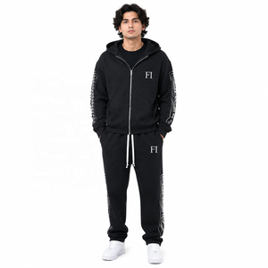 Conjunto de Sudadera con Capucha y Cremallera de Felpa de Algodón Grueso con Paneles Estampados en las Mangas y Joggers de Corte Holgado Estilo Urbano OEM - Product Image 1