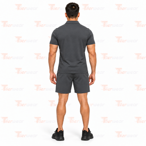 <b>Men</b> <b>Red</b> Cotton Polo <b>Shirt</b> Shorts Set Breathable Summer Casual Wear Solid Color Front Logo Knitted Fabric Seamless - Product Image 4