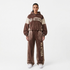 Custom <b>Women</b> <b>Brown</b> Acid Wash Color Block Cropped Hoodie Wide Leg Sweatpants Cotton Fleece <b>Tracksuit</b> OEM Wholesale - Product Image 1