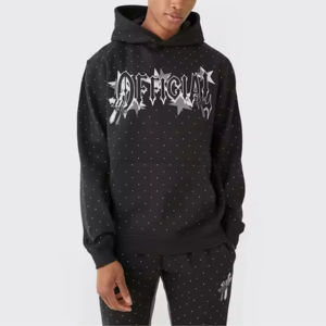 Ensemble de survêtement pour homme avec sweat-shirt à capuche imprimé graphique et pantalon de jogging noir orné de strass, streetwear de luxe en deux pièces - Product Image 4