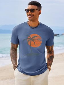 Camiseta de Manga Larga Azul para Hombre, Estampado de Palmeras al Atardecer, Cuello Redondo, Estilo Casual, 100% Algodón Jersey, Estampado Digital - Product Image 2