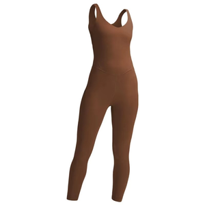 Mono de yoga de mujer marrón liso con tirantes finos, cintura alta, control de abdomen, moldeador, ajuste ceñido de longitud completa para todas las estaciones - Product Image 5