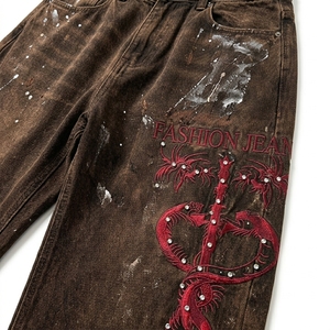 Jean droit ample à jambe large pour homme, style américain, en denim, orné de strass, imprimé graphique tie-dye, coupe décontractée, style urbain - Product Image 6