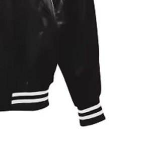 Veste en satin noir pour homme avec col, poignets et ourlet à rayures blanches Coupe régulière Style décontracté Polyester Vêtements de rue OEM - Product Image 6