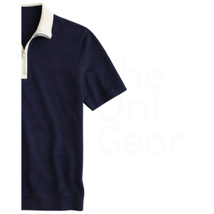 Polo de punto de manga corta azul marino para hombre con cuello cremallera y cremallera frontal, diseño casual liso, tela de algodón transpirable - Product Image 6