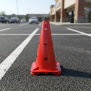 Cône d'entraînement en plastique rouge avec plusieurs trous pour piquets et base carrée pour exercices d'agilité sportive, entraînement sur le terrain et entraînement physique - Product Image 2