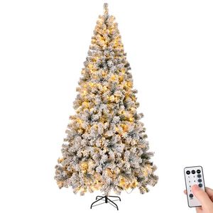 8 FT Pre-Lit Snow Flocked Christmas Tree Artificial <b>Hinged</b> Pine Tree with 1300 Branch Tips and 500 <b>Lights</b> Remote Control - Product Image 1