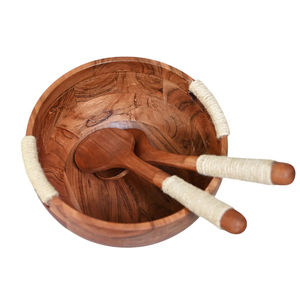 Ensemble de bols de service classiques en bois de manguier sculpté à la main, motif blanc élégant à pois et deux cuillères à salade assorties en bois, en promotion - Product Image 6