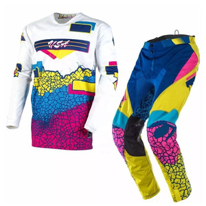 Ensemble de vêtements de motocross pour hommes en gros, maillot et pantalon MX, tenue de course tout-terrain à motif géométrique bleu, jaune, rose, logo USA, OEM - Product Image 1