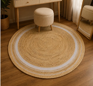 Tapis rond en jute tissé à la main, beige naturel, blanc, style bohème, tapis rustique pour chambre à coucher, fibre naturelle, taille personnalisée, tapis de sol - Product Image 1