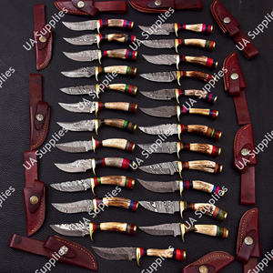 มีดทำมือเหล็กดามัสกัสแบบขายส่ง ใบมีดแบบดรอปพอยต์อเนกประสงค์ สำหรับตั้งแคมป์ ล่าสัตว์ กู้ภัย ด้ามเขาสัตว์ - Product Image 2