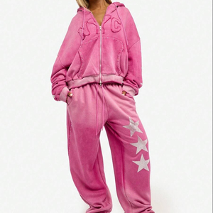 เสื้อฮู้ดผู้ชายสีชมพูแบบฟอกสี ปักโลโก้แบบแอพพลิเค งานปักลายสตรีทแวร์ ดีไซน์สั่งทำได้ ระบายอากาศได้ดี ความยาวเต็มตัว ประดับด้วยคริสตัล - Product Image 1