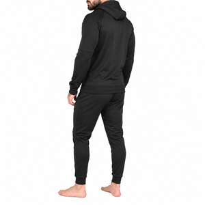 Men's Black Full <b>Zip</b> <b>Hooded</b> Tracksuit Solid Color Casual Jogger Set With Side Pockets Breathable Polyester Sportswear - Product Image 2