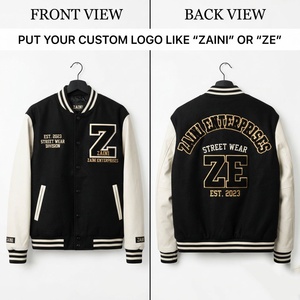 380 GSM Premium Cotton Polyester Fleece Varsity <b>Jacket</b> Stand Collar Front Black <b>White</b> Panel Custom Chenille Logo - Product Image 1