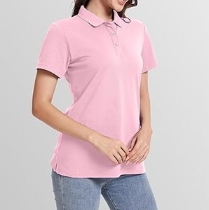 เสื้อเชิ้ตแขนสั้นสีชมพูสำหรับผู้หญิง สีพื้น ผ้าโพลีเอสเตอร์แบบลำลอง ระบายอากาศได้ดี ความยาวปกติ ผ้าถัก - Product Image 4