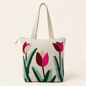Sac fourre-tout en toile brodé camouflage style bohème pour mariage à la plage avec fermeture éclair, longue anse d'épaule, taille moyenne, sac de shopping - Product Image 1