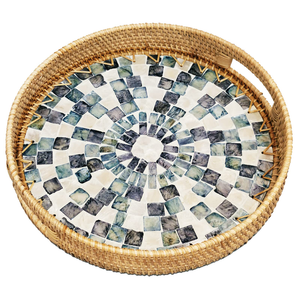 Plateau en rotin et nacre de grande qualité, personnalisable avec logo, forme ovale avec poignée, pour le rangement des tasses à café au bureau, à bon prix. - Product Image 3