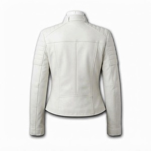 Chaqueta de Motociclista de Cuero Genuino Blanco para Mujer, Abrigo de Motociclista Cruzado de Manga Larga con Cuello Alto, Ropa de Abrigo de Otoño - Product Image 6