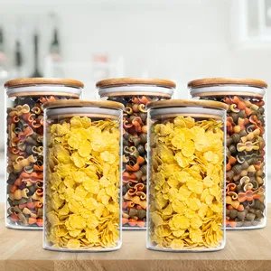 Contenants de stockage alimentaire en verre avec couvercles en bambou, ensemble de boîtes de cuisine cylindriques - Product Image 1