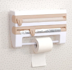 Dispensador y cortador de rollos de cocina compacto de 3 niveles, blanco y marrón, para montar en la pared. Disponible a precios de mayorista. - Product Image 1