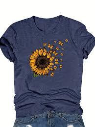 Camiseta de algodón de manga corta, estilo retro, moderna, elegante y ajustada para mujer, con estampado de girasoles, tejido ligero, informal, para verano. - Product Image 2