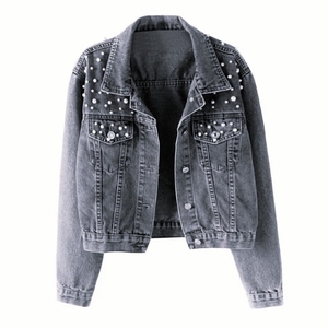 Chaqueta vaquera de talla grande para mujer, con adornos, efecto lavado, con tachuelas, rasgada, informal, con botones frontales y manga larga - Product Image 6