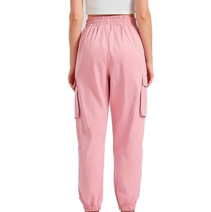 Women Pink Cargo Pants Mid Waist Elastic Loose Fit <b>Ankle</b>-Length Solid Color Cotton Casual Spring Style With Pockets - Product Image 2