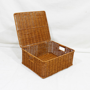Woven Rattan Storage <b>Basket</b> Box Organizer with Hinged Lid and Handles for Home Decor - Product Image 1