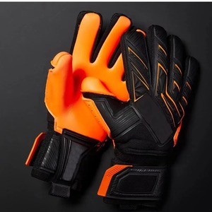 Gants de gardien de but de football noir et orange en latex, à doigts complets, antidérapants, avec sangle de poignet réglable, respirants, légers, pour l'extérieur - Product Image 1