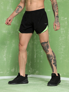 KVETOO Men's Quick Dry Breathable Split Hem 2 1 Loose Fit High Waist Elastic Running Shorts 100% Polyester Black <b>Net</b> Neon <b>Green</b> - Product Image 3