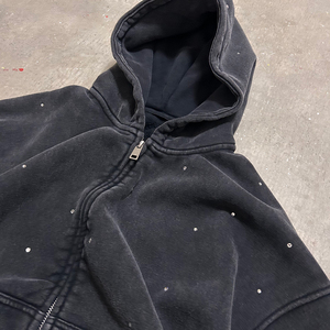 Custom Men's Tracksuit High Quality Manufacturer Cotton Vintage Washed Faded Rhinestone Zip up Hoodie Straight <b>Sweatpants</b> <b>Set</b> - Product Image 3