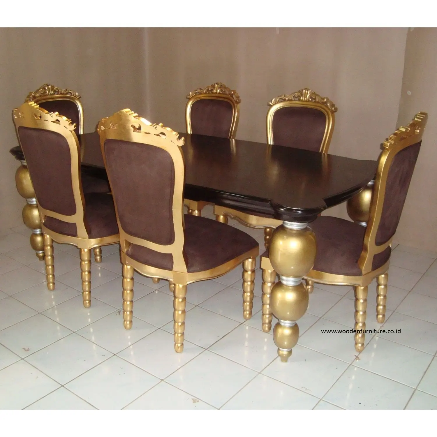 Meja Makan Klasik dan Kursi Set Makan Dicat Mahoni Emas untuk Perabot Ruang Makan Mewah dan Furnitur Hotel