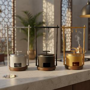 Exquisite Gold Bamboo Frame Hanging Chafing Dish with Round <b>Food</b> <b>Warmer</b> and Candle Stand for Oriental Theme Luxury Buffet Decor - Product Image 1