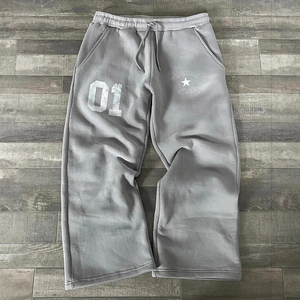 Custom <b>Mens</b> Dark Grey Graphic Wide Leg Sweatpants Drawstring <b>Elastic</b> <b>Waist</b> Open Bottom Fleece <b>Trousers</b> Wholesale - Product Image 3