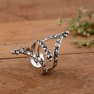 Handmade 925 Sterling <b>Silver</b> Floral Chevron Swan Neck Splint <b>Ring</b> Oxidized Flower Design <b>Adjustable</b> Joint Support for PIP & DIP - Product Image 5