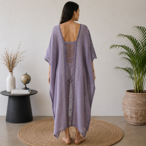 Robe longue kaftan mauve pour femme avec panneau transparent et bordure brodée, légère, style bohème, pour la plage, les vacances, décontractée, tunique longue de plage ou de resort - Product Image 4