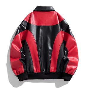 Chaqueta de cuero PU para hombre, estilo bomber, con bloques de color, estilo motociclista, cuello vuelto, cierre de cremallera, para otoño, chaqueta de moto. - Product Image 3
