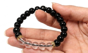 สร้อยข้อมือพลังงานประดับด้วยหินออบซิเดียนสีดำธรรมชาติและควอตซ์ใส พร้อมวงแหวนทองคำ – สร้อยข้อมือยืดหยุ่นประดับด้วยคริสตัลบำบัดและอัญมณี - Product Image 2