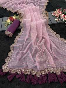 Pink Embroidered Saree Net Unstitched Indian Traditional Wear Heavy Blooming Vichitra <b>Silk</b> <b>Fabric</b> Floor-Length Regular Fit for - Product Image 1