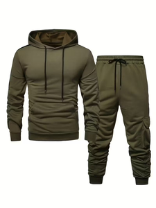 Men's Casual Sports Suit Terry Knitted Fabric 100% Cotton Quick Dry 300g Multi Pocket Fashionable Hooded Two-Piece Set Silk - Product Image 3